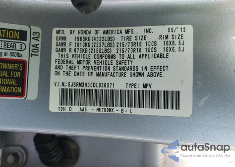 2013 Honda Cr-V Lx from USA, damaged, VIN 5J6RM3H30DL036071